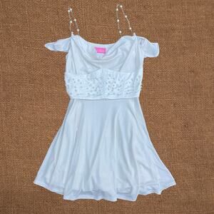 White pearl corset mini dress, off the shoulder flutter sleeves and chain straps